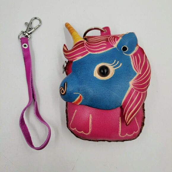 Unicorn Leather Wristlet Wallet Handmade Tooled Coin Purse Keychain Fantasy Gift - Picture 3 of 13